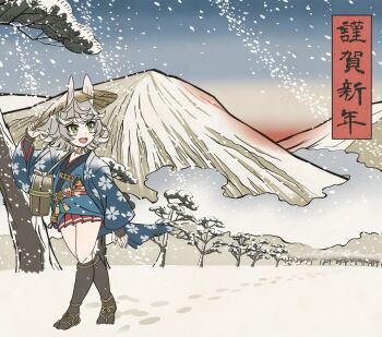 Rule 34 | 1girl, :d, animal ears, azur lane, brown shoes, fine art parody, footprints, green eyes, grey hair, highres, japanese clothes, kitakaze (azur lane), mountain, nihonga, ogino nel, open mouth, outdoors, parody, shoes, smile, snow, snowing, solo, tree, ukiyo-e, walking