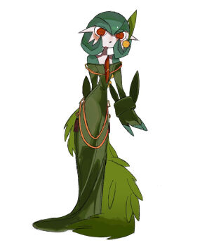 Rule 34 | 1girl, arm at side, arm behind back, bare shoulders, blush, bob cut, clothed pokemon, colored skin, dress, female focus, fingerless gloves, flat chest, full body, gardevoir, gen 3 pokemon, gloves, green dress, green gloves, green hair, green skin, hair between eyes, long dress, looking at viewer, multicolored skin, narrow waist, nintendo, off-shoulder dress, off shoulder, open mouth, pokemon, pokemon (creature), powerpuff (pixiv 60944739), red eyes, short hair, simple background, solo, standing, two-tone skin, white background, white skin, wide-eyed