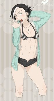 1girl absurdres artist_name black_hair breasts commentary_request cross cross_necklace food highres holding holding_food iwado_anna jewelry kamezaemon multicolored_hair necklace open_fly open_mouth original short_hair shorts solo streaked_hair