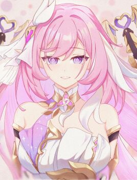 1girl bare_shoulders breasts chinese_commentary commentary_request corset diamond-shaped_pupils diamond_(shape) elf elysia_(herrscher_of_human:_ego)_(honkai_impact) elysia_(honkai_impact) flower hair_ornament highres honkai_(series) honkai_impact_3rd large_breasts long_hair looking_at_viewer multicolored_hair navel parted_lips pink_background pink_hair pointy_ears purple_eyes siro_jun smile solo symbol-shaped_pupils triquetra two-tone_hair very_long_hair white_corset white_hair