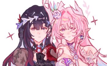 2girls absurdres artist_name bare_shoulders black_hair blue_ribbon blush closed_mouth colored_inner_hair commentary cyrene_(honkai:_star_rail) cyrene_(ripples_of_past_reverie)_(honkai:_star_rail) diamond-shaped_pupils diamond_(shape) dress earrings flower gloves gradient_hair green_ribbon hair_between_eyes hair_branch hair_flower hair_ornament hair_ribbon hand_up headpiece heart heart_hands highres honkai:_star_rail honkai_(series) hysilens_(honkai:_star_rail) hysilensdoods jewelry leaf long_hair long_sleeves looking_at_viewer multicolored_hair multicolored_ribbon multiple_girls neck_ribbon necklace off-shoulder_dress off_shoulder official_alternate_costume official_alternate_hairstyle pearl_earrings pearl_necklace pink_hair pink_ribbon pointy_ears puffy_long_sleeves puffy_sleeves purple_eyes purple_flower purple_hair purple_rose red_gloves ribbon rose short_sleeves sidelocks simple_background single_earring smile sparkle streaked_hair symbol-only_commentary symbol-shaped_pupils upper_body white_background white_dress white_hair