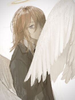 Rule 34 | 1boy, androgynous, angel, angel devil (chainsaw man), angel wings, apollocat01, bishounen, black jacket, chainsaw man, collared shirt, commentary request, feathered wings, formal clothes, from side, grey eyes, hair between eyes, halo, highres, jacket, long hair, looking at viewer, male focus, red hair, shirt, solo, upper body, white background, wings