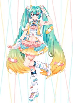 Rule 34 | 1girl, aqua bow, aqua eyes, aqua hair, aqua skirt, arm up, armpits, bandaid, bandaid hair ornament, bandaid on arm, bandaid on leg, blonde hair, blue choker, blue sailor collar, bow, breasts, choker, collarbone, commentary request, footwear bow, full body, hair between eyes, hair ornament, hatsune miku, highres, layered skirt, leg warmers, long hair, looking at viewer, masumofu, multicolored hair, navel, open mouth, pink bow, pink skirt, sailor collar, shoes, skirt, solo, stomach, twintails, v, very long hair, vocaloid, white leg warmers, white shoes, yellow bow, yellow skirt