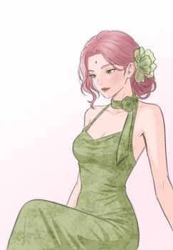 1girl alternate_costume bare_arms bare_shoulders breasts chococurrent choker cleavage closed_mouth dress facial_mark flower forehead_mark green_choker green_dress green_flower hair_flower hair_ornament haruno_sakura highres long_dress long_hair medium_breasts naruto_(series) pink_hair pink_lips sitting solo updo wavy_hair white_background