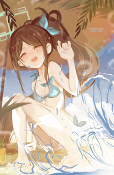 1girl absurdres aris_(blue_archive) artist_name ayin_(pixiv_125482608) bare_legs barefoot beach beach_umbrella bikini black_hair blue_archive blue_bikini blue_ribbon blush breasts closed_eyes collarbone commentary_request feet green_halo hair_ribbon halo highres knees_together_feet_apart legs long_hair open_mouth outdoors ribbon sand side_ponytail sitting small_breasts solo splashing swimsuit teeth toes umbrella very_long_hair water