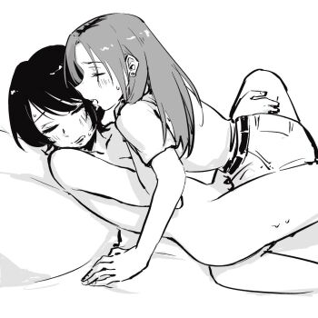 2girls between_legs blush clothed_female_nude_female commentary_request daimyo0208 earrings greyscale hand_on_another&#039;s_thigh inuzuka_miwa jewelry long_hair monochrome multiple_girls nude open_mouth sawatari_saeko short_sleeves sweatdrop tongue tongue_out tsukiatte_agetemo_ii_kana yuri