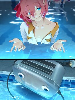 3girls absurdres blue_eyes chainsaw_man character_request closed_mouth collarbone commentary convenient_censoring doki_doki_literature_club english_commentary hair_between_eyes highres i&#039;ll_teach_you_everything_(chainsaw_man) khyle. looking_at_viewer multiple_girls nude parody partially_submerged pink_hair pool sayori_(doki_doki_literature_club) scene_reference shirt short_hair smile solo_focus toaster upper_body wet wet_hair white_shirt