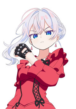 Rule 34 | 1girl, absurdres, black gloves, blue eyes, clenched hand, closed mouth, clothing cutout, commentary request, cowboy shot, dress, earrings, fingerless gloves, frown, glove cutout, gloves, grey hair, hair bun, hand up, highres, jewelry, long sleeves, looking at viewer, red dress, saigo ni hitotsu dake onegai shite mo yoroshii deshou ka, scarlet el vandimion, simple background, solo, soramame (mvfn8342), upper body, white background