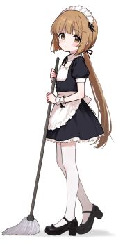1girl absurdres apron black_dress blush brown_eyes brown_hair dress flat_chest full_body highres idolmaster idolmaster_cinderella_girls jia_wenyuan long_hair looking_at_viewer low_ponytail maid maid_headdress mop open_mouth ponytail solo thighhighs white_thighhighs yorita_yoshino