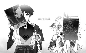 1boy 1girl absurdres arm_at_side armlet armor bare_shoulders belt blunt_ends bodysuit bow bracelet braid bridal_gauntlets cable closed_eyes closed_mouth collarbone commentary cross-shaped_pupils detached_sleeves dress dual_persona english_commentary english_text eyelashes facing_viewer feathers gem genshin_impact glitch greyscale hair_ornament half_crown_braid hand_up hands_up highres holding index_finger_raised japanese_armor japanese_clothes jewelry juban kimono kote layered_sleeves leaf leaf_hair_ornament long_single_sidelock looking_at_viewer makisa_(wim) mandarin_collar middle_ring monochrome nahida_(genshin_impact) neck_ring open_clothes open_kimono parted_bangs pointy_ears pom_pom_(clothes) rope rukkhadevata_(genshin_impact) sash scaramouche_(genshin_impact) short_sleeves shorts shoulder_peek side_cape symbol-shaped_pupils tsurime wanderer_(genshin_impact) wispy_bangs