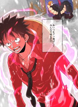 1girl 2boys black_coat black_hair black_necktie blue_shirt carrying carrying_person coat collarbone collared_shirt facial_scar gear_second hat highres kneeling long_sleeves looking_at_another loose_necktie m_(user_gjgn8588) monkey_d._luffy multiple_boys nami_(one_piece) necktie official_alternate_costume one_piece one_piece:_strong_world open_mouth orange_hair outdoors protecting red_aura red_necktie red_shirt scar scar_on_cheek scar_on_face serious shirt short_hair size_difference snow snowing straw_hat tony_tony_chopper translation_request unworn_hat unworn_headwear upper_body