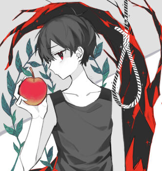 Rule 34 | 1boy, alternate eye color, antenna hair, apple, black hair, black tank top, closed mouth, collarbone, colored skin, commentary, english commentary, expressionless, food, fruit, highres, holding, holding food, holding fruit, looking at viewer, male focus, noose, omori, omori (omori), red eyes, short hair, solo, takenaka (takenaka1111), tank top, upper body, white skin