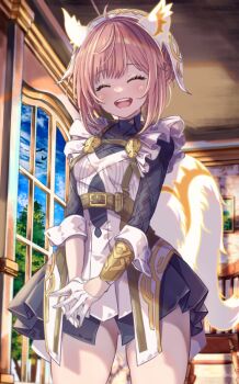 1girl animal_ears apron bird black_dress blue_sky blush breasts brown_hair closed_eyes cloud dress facing_viewer fire_emblem fire_emblem_heroes frills fuussu_(21-kazin) gloves glowing_tail hair_bun headdress indoors long_sleeves nintendo open_mouth ratatoskr_(fire_emblem) sky smile solo squirrel_ears squirrel_girl squirrel_tail tail teeth tree upper_teeth_only white_apron white_gloves window