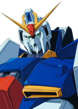 Rule 34 | 1980s (style), 1990s (style), aeug, commentary, fujita kazumi, green eyes, gun, gundam, key visual, machine gun, mecha, mecha focus, mobile suit, no humans, official art, oldschool, portrait, promotional art, retro artstyle, robot, scan, science fiction, solo, traditional media, v-fin, weapon, white background, zeta gundam, zeta gundam: a new translation, zeta gundam (mobile suit)