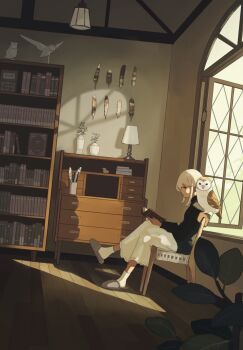 1girl bird black_sweater book bookshelf ceiling_light chair crossed_legs feathers from_side highres holding holding_book indoors lamp long_skirt model open_window original owl plant potted_plant profile quill reading ribbed_sweater scenery shadow sidelocks sitting skirt slippers socks solo sweater taizo_(taizo_03) turtleneck turtleneck_sweater vase white_hair white_skirt white_socks window window_shadow wooden_floor