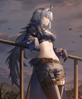 1girl absurdres ahoge angelo_(angeloart26) black_gloves black_pantyhose black_shorts black_thighhighs black_wings blue_bra bra breasts cleavage closed_mouth commentary cropped english_commentary feathered_wings galbrena_(wuthering_waves) gloves grey_hair hair_between_eyes hair_intakes highres medium_breasts medium_hair navel pantyhose purple_eyes shorts sidelocks single_glove single_leg_pantyhose single_thighhigh single_wing solo stomach thighhighs underwear wings wuthering_waves