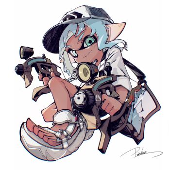 1girl aqua_eyes baseball_cap black_hat blue_hair commentary dapple_dualies_(splatoon) dark-skinned_female dark_skin dual_wielding full_body hat highres holding inkling inkling_girl inkling_player_character long_hair looking_at_viewer mhxbump nintendo pointy_ears print_hat sandals shirt signature simple_background solo splatoon_(series) splatoon_3 symbol-only_commentary tentacle_hair toes white_background white_sandals white_shirt