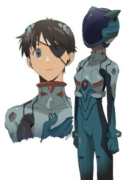 4zw89qkqagggcf7 bodysuit closed_mouth dual_persona eyepatch helmet highres ikari_shinji mecha_pilot_suit neon_genesis_evangelion plugsuit_(evangelion) rebuild_of_evangelion short_hair simple_background smile upper_body white_background white_bodysuit