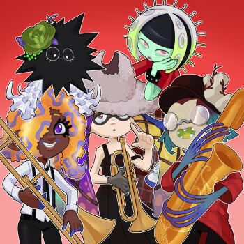 Rule 34 | 5girls, artist request, black dress, black necktie, black pants, bracelet, collared shirt, colored skin, dark-skinned female, dark skin, dress, frills, gloves, gradient background, green skin, grey gloves, grey hat, hair ornament, hair over one eye, hat, highres, holding, holding instrument, holding saxophone, holding trombone, holding trumpet, instrument, jewelry, kitamura (splatoon), long sleeves, multiple girls, necktie, nintendo, no eyes, no mouth, no nose, oonie (splatoon), open mouth, orange hair, outline, pants, parted lips, patterned hair, plaid clothes, plaid shirt, purple eyes, red background, red shirt, saxophone, sea urchin, sharp teeth, shirt, smile, spiked bracelet, spikes, splatoon (series), splatoon 3, strap slip, tao blu, teeth, tentacle hair, tosh (splatoon), trombone, trumpet, white outline, white shirt, yoko (splatoon)