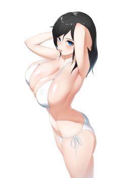 1girl absurdres armpits arms_behind_head bikini black_hair blue_eyes breasts cleavage commentary cowboy_shot double-parted_bangs english_commentary from_side hair_between_eyes highres huge_breasts looking_at_viewer medium_hair open_mouth original pellpt side-tie_bikini_bottom simple_background solo swimsuit white_background white_bikini