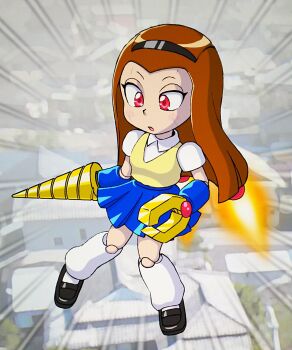 1girl :o android black_hairband black_shoes blue_skirt brown_hair collared_shirt drill_hand emphasis_lines exhaust eyelashes facial_mark flying full_body gidget_(robopon) hairband highres jetpack kneehighs light_blush long_hair looking_down mark_under_both_eyes mizutani_kenta outdoors parted_lips pincers pleated_skirt red_eyes robot_girl robot_ponkottsu school_uniform shirt shoes short_sleeves skirt socks solo thrusters vest white_shirt white_socks yellow_vest