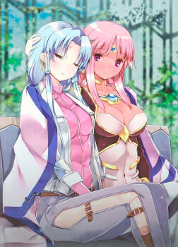2girls aqua_hair ariel_org banpresto bare_legs blush breasts card_(medium) cleavage closed_eyes coat collarbone dark-skinned_female dark_skin denim earrings glacies hair_ornament highres jeans jewelry large_breasts long_hair medium_breasts multiple_girls navel pants parted_lips pink_hair purple_eyes real_robot_regiment sitting sleeping super_robot_wars super_robot_wars_destiny super_robot_wars_original_generation thighs third-party_edit yuri