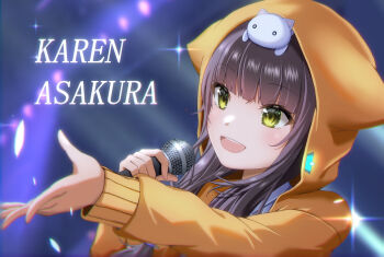 Rule 34 | 1girl, :d, absurdres, animal, animal ear hood, animal ears, animal hood, animal on head, asaba touka, asakura karen (heaven burns red), black hair, blush, cat, cat hood, cat on head, commentary request, fake animal ears, heaven burns red, highres, hood, hood up, hooded jacket, hoodie, jacket, long hair, long sleeves, looking afar, microphone, music, on head, open hand, open mouth, orange jacket, outstretched arm, singing, smile, solo, sparkle, white cat, yellow eyes, yellow hoodie