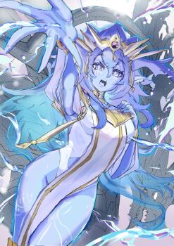 Rule 34 | 1girl, absurdres, blue eyes, blue hair, blue skin, clothing cutout, colored skin, dominus impulse, duel monster, dutch angle, groin, highres, long hair, looking at viewer, noppe, pelvic curtain, reaching, reaching towards viewer, solo, stomach cutout, thighs, tiara, very long hair, yu-gi-oh!