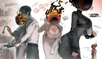 Rule 34 | 1boy, 1girl, apron, black dress, breasts, carrot, clock, coat, commentary request, cowboy shot, dante (limbus company), dongtan dress, dress, fire, genderswap, genderswap (otf), grey dress, grey jacket, hand up, highres, indoors, jacket, korean commentary, korean text, large breasts, limbus company, object head, project moon, real pepper131, red coat, shopping cart, skin tight, taut clothes, taut dress, translation request, vergilius (project moon)