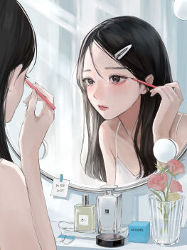 1girl absurdres aegyo_sal aoiame applying_makeup black_eyeliner black_eyes black_hair bottle commentary_request eyelashes eyeliner flower hair_ornament hairclip highres indoors lips lipstick makeup mirror nose original perfume_bottle solo tearing_up translation_request vase