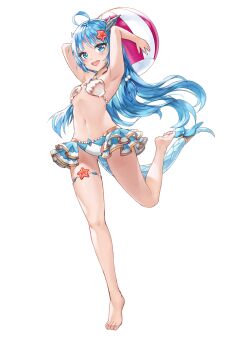 1girl absurdres ahoge artist_request ball barefoot beachball bikini bikini_skirt blue_bikini blue_bow blue_eyes blue_hair blue_scales bow breasts commentary commentary_request dragon_girl dragon_horns dragon_tail english_commentary frilled_bikini frills full_body hair_bobbles hair_ornament highres holding holding_ball holding_beachball horns jewelry king's_raid korean_commentary leg_up lilia_(king's_raid) long_hair mixed-language_commentary necklace official_alternate_costume official_art open_mouth second-party_source shell shell_bikini small_breasts smile solo standing standing_on_one_leg starfish starfish_hair_ornament swimsuit tail tail_bow tail_cuff tail_ornament thighlet white_background white_bikini