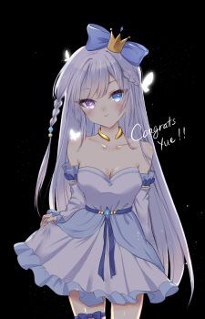 Rule 34 | 1girl, bare shoulders, black background, blue bow, blue dress, blue eyes, blue hair, blush, bow, braid, breasts, bug, butterfly, cleavage, closed mouth, collar, collarbone, commentary, cowboy shot, crown, dear arisu, dress, english commentary, frilled dress, frills, gold collar, hair bow, highres, insect, long hair, long sleeves, looking at viewer, mini crown, original, parted bangs, purple eyes, simple background, skirt hold, small breasts, smile, solo, strapless, strapless dress, swept bangs, white butterfly