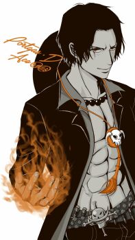 Rule 34 | 1boy, abs, belt, character name, commentary request, fire, freckles, highres, jewelry, jolly roger, male focus, necklace, one piece, osage (osage8545675), pearl necklace, portgas d. ace, short hair, simple background, smile, solo, spot color, whitebeard pirates jolly roger