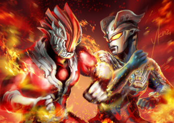 2boys abs alien armor aura battle black_skin blue_skin breastplate clenched_hands color_timer colored_skin commentary eye_slugger fiery_aura fiery_background fighting_stance fire flaming_hand forehead_jewel gem glenfire gloves glowing glowing_eyes gradient_background green_gemstone hand_up light_particles looking_at_another male_focus motion_blur multicolored_skin multiple_boys muscular muscular_male no_pupils pectorals punching red_skin shoulder_armor signature silver_gloves silver_skin snowslide tokusatsu ultra_bracelet_(ultraman_zero) ultra_galaxy_(series) ultra_series ultraman_zero ultraman_zero_the_movie_choukessen!_belial_ginga_teikoku upper_body