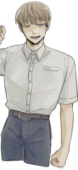 1boy :d belt blue_pants breast_pocket brown_belt brown_eyes brown_hair collared_shirt commentary_request cropped_legs dress_shirt futsuu_no_keion-bu hand_up male_focus open_mouth pants pocket school_uniform shirt shirt_tucked_in short_hair short_sleeves simple_background sio_megane smile solo takami_kouki white_background white_shirt