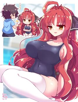 1boy 1girl ^^^ absurdres ahoge alternate_costume arm_at_side black_hair black_one-piece_swimsuit black_ribbon blurry blurry_background blush border braid breasts chibi chibi_inset commentary covered_navel cowboy_shot dracu-riot! dutch_angle eyes_visible_through_hair foot_out_of_frame hair_between_eyes hair_intakes hair_ribbon hakutocake hetero highres impossible_clothes impossible_swimsuit large_breasts long_hair looking_at_another multiple_views mutsura_yuuto one-piece_swimsuit open_mouth outline outside_border red_hair ribbon school_swimsuit short_hair sidelocks single_braid sitting smile solo_focus spiked_hair sweatdrop swimsuit thighhighs thumbs_up triangle_mouth very_long_hair wariza wavy_hair white_border white_outline white_thighhighs yarai_miu yellow_eyes