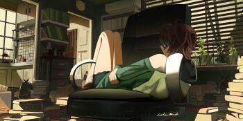 1girl absurdres agnes_tachyon_(umamusume) animal_ears ashenmash brown_hair chair green_shirt green_shorts highres horse_ears horse_girl horse_tail indoors off-shoulder_shirt off_shoulder on_chair shirt short_hair shorts solo tail umamusume