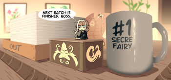 blue_eyes coffee_mug cup desk english_text fairy grey_hair highres jitome mini_person minigirl mug office_lady original paper picture picture_frame setz shadow