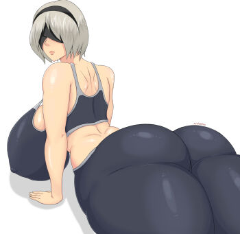 2b_(nier:automata) absurdres artistdex ass blindfold breasts exercising expressionless highres huge_ass huge_breasts large_breasts mature_female medium_hair nier:automata nier_(series) pants silver_hair simple_background training yoga yoga_pants