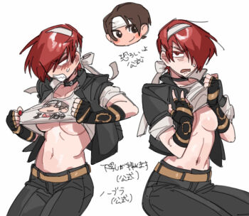 1girl blush breasts character_print choker cleavage commentary_request cosplay crossdressing crossdressing_(ftm) fingerless_gloves full_body genderswap genderswap_(mtf) gloves hair_over_one_eye headband highres jacket kusanagi_kyou kusanagi_kyou_(cosplay) large_breasts looking_at_viewer miss_x pants red_eyes red_hair school_uniform shirt short_hair smile snk snk_heroines:_tag_team_frenzy the_king_of_fighters tobari18 yagami_iori