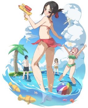 1boy 3girls alternate_costume arms_up ass bikini bikini_skirt black_hair blush breasts closed_mouth cloud day folded_ponytail fujiwara_chika green_bikini highres iino_miko ishigami_yuu kaguya-sama_wa_kokurasetai_~tensai-tachi_no_renai_zunousen~ large_breasts long_hair looking_at_another looking_at_viewer looking_back low_twintails male_swimwear multiple_girls navel onabe915 open_mouth outdoors palm_tree red_bikini red_eyes shinomiya_kaguya shore short_hair simple_background standing swimsuit thighs topless_male tree tropical_fish twintails wading water water_gun wet white_background