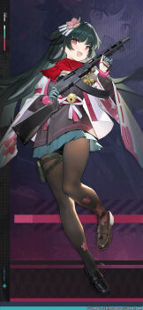 Rule 34 | 1girl, :d, artist request, black pantyhose, full body, girls' frontline, girls' frontline 2: exilium, gloves, green hair, gun, hair ornament, half gloves, highres, holding, holding gun, holding weapon, long hair, looking at viewer, motor vehicle, official art, official wallpaper, open mouth, pantyhose, ppsh-41, red scarf, sakura (girls' frontline 2), scarf, second-party source, smile, solo, submachine gun, truck, type 100 (girls' frontline), weapon