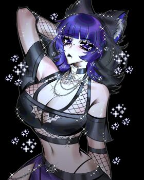1girl animal_ear_fluff animal_ears belt black_hair black_lips breasts bridge_piercing bug cat_ears chain choker crop_top dofaliasing face_piercing fishnet_top fishnets goth_fashion jewelry large_breasts looking_at_viewer mouth_piercing necklace nicoenvt pentagram piercing purple_eyes purple_hair short_hair skirt solo solo_focus sparkle spider stomach transparent_background wavy_hair