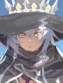 1girl black_cape black_hat blue_background cape closed_mouth commentary_request edaori grey_hair hair_between_eyes hat highres hilda_(stella_glow) large_hat long_hair looking_at_viewer simple_background solo stella_glow witch witch_hat yellow_eyes