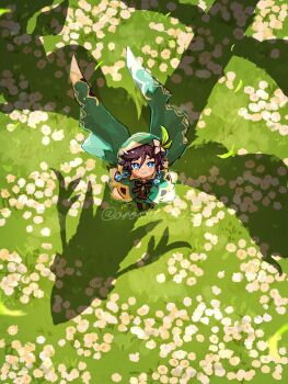 androgynous bard beret blue_eyes bow bowtie braid brown_shoes cape cecilia_flower_(genshin_impact) collared_cape dandelion flower full_body genshin_impact gradient_hair grass green_cape green_hat green_shorts hair_between_eyes hat hat_flower highres looking_up male_focus multicolored_hair oroshi_122 shoes short_hair_with_long_locks shorts side_braids twin_braids venti_(genshin_impact) white_flower