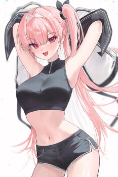 1girl absurdres armpits arms_up bare_shoulders black_shirt black_shorts breasts commentary cowboy_shot crop_top gurami_(zangizarang) hair_ribbon highres jacket long_hair looking_at_viewer medium_breasts midriff multicolored_hair navel one_side_up open_mouth original pink_hair red_eyes ribbon shirt short_shorts shorts simple_background sleeveless sleeveless_shirt smile solo stomach symbol-only_commentary two-tone_hair very_long_hair white_background white_hair white_jacket