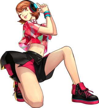 1girl black_skirt bracelet brown_hair finger_gun full_body headphones heart highres jewelry looking_at_viewer midriff navel official_art on_one_knee persona persona_3 persona_3:_dancing_moon_night persona_dancing shoes short_hair skirt smile sneakers soejima_shigenori solo stomach takeba_yukari third-party_source tongue tongue_out transparent_background