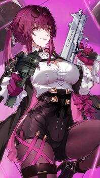 1girl aiming black_jacket boots chest_harness drill_hair drill_ponytail dual_wielding eyewear_on_head finger_on_trigger gloves gun harness high-waist_shorts highres holding holding_gun holding_weapon honkai:_star_rail honkai_(series) jacket kafka_(honkai:_star_rail) magazine_(weapon) pantyhose purple-tinted_eyewear purple_eyes purple_gloves purple_hair purple_pantyhose round_eyewear saint_laurent_paris shorts single_thigh_boot spider_web_print submachine_gun sunglasses thigh_boots tinted_eyewear weapon