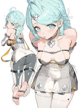 1girl ahoge aqua_eyes aqua_hair asymmetrical_bangs barefoot blush braid breasts clothing_cutout collarbone feet flower_hairpin hair_ornament hairpin hashtag-only_commentary highres latex_pants long_hair looking_at_viewer medium_breasts mole multiple_views paringgg see-through_dress_layer seed_(zenless_zone_zero) side_cutout side_slit sideboob simple_background soles tongue tongue_out white_background zenless_zone_zero