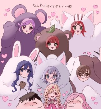 1boy 6+girls :&lt; :3 :d ^_^ aijou_rentarou animal_costume awahuji_miyuki black_hair blob blonde_hair blue_eyes blue_hair blush braid brown_eyes brown_hair cat_costume clapping closed_eyes commentary_request dog_costume glasses green_eyes grey_hair hair_ornament hanazono_hahari heart heart_hair_ornament hifumi_suu highres holding holding_phone iin_chiyo kedarui_aashii kimi_no_koto_ga_dai_dai_dai_dai_daisuki_na_100-nin_no_kanojo leaf leaf_on_head looking_at_viewer momi_momiji mouse_costume multiple_girls open_mouth phone pink_background pink_hair purple_hair rabbit_costume red_hair round_eyewear simple_background smile tanuki_costume translated twin_braids yakuzen_kusuri yakuzen_yaku yoshimoto_shizuka